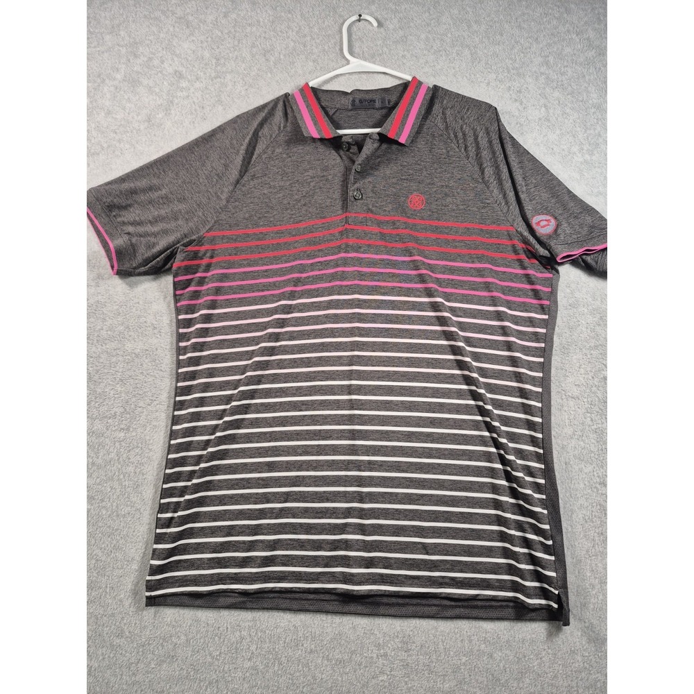 G/Fore Polo Shirt Men L Gray Pink Red Striped Golf Stretch Performance
